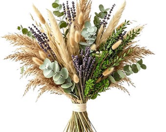 Dried Pampas Grass Bouquet, Dried Flowers & Eucalyptus Stems for Wedding Decor, Boho Western Home, Bathroom and Rustic Farmhouse Decor