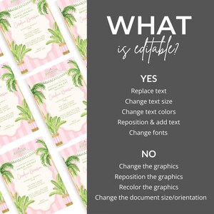 May include: Pink and white striped invitation with watercolor palm tree illustrations. The invitation includes the text "Caroline Harrison" and details for a bridal spa day. The right side of the image has text that says "What is editable?"