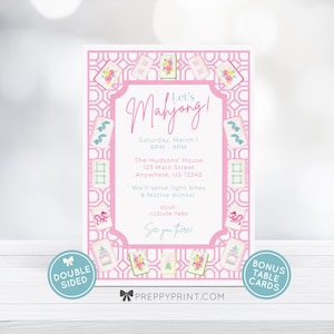 TEMPLATE | Watercolor Mahjong Party Invitation + Table Number | Pink Mahjong Tiles Frame | Digital Download | Canva | PRINTABLE | EDITABLE