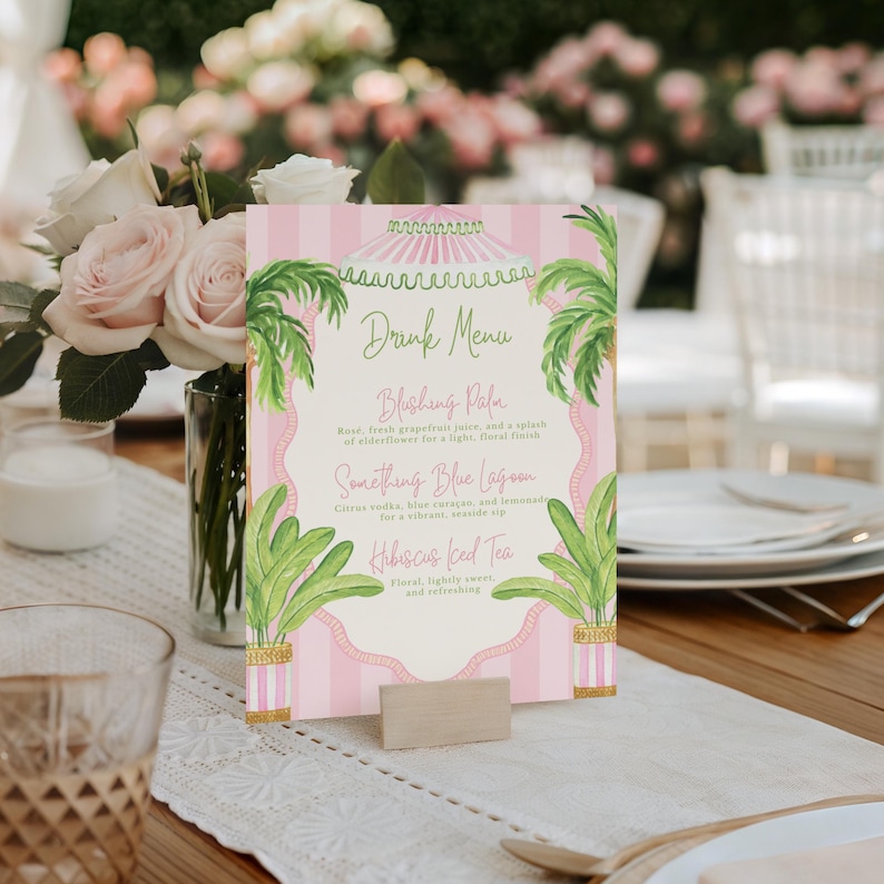 TEMPLATE | Watercolor Bridal Shower / Bachelorette Invitation + Table Cards | Palm Beach Pink Cabana | Digital Download | Canva | PRINTABLE image 5