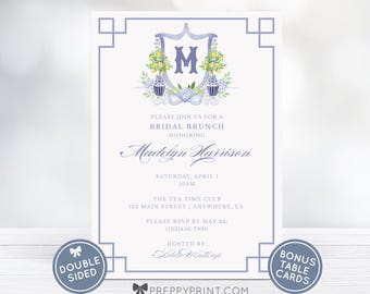 TEMPLATE | Watercolor Bridal Shower / Tea / Garden Party Invitation + Table Cards | Lemon Tree Monogram Crest | Digital | Canva | PRINTABLE