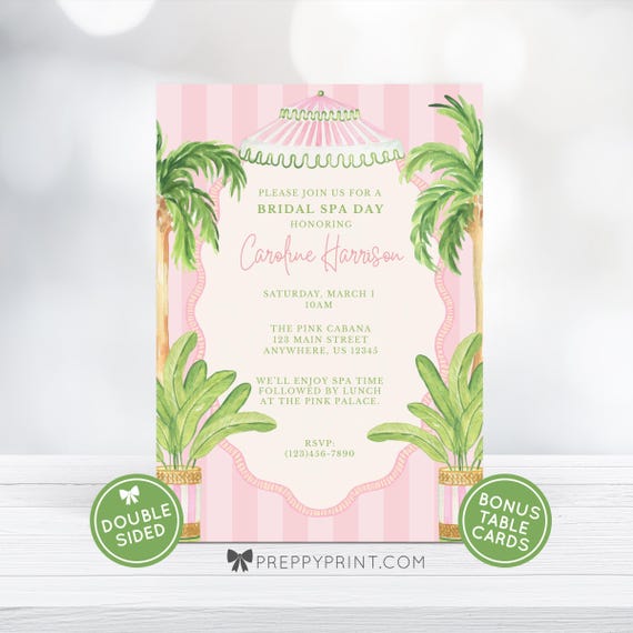 TEMPLATE | Watercolor Bridal Shower / Bachelorette Invitation + Table Cards | Palm Beach Pink Cabana | Digital Download | Canva | PRINTABLE