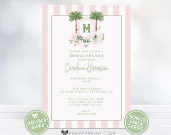 TEMPLATE | Bridal Shower / Bachelorette Invitation + Table Cards | Palm Beach Pink Cabana Monogram Crest | Download | Canva | PRINTABLE