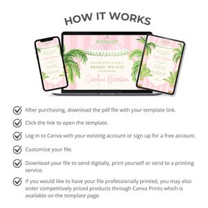 May include: A digital invitation template for a Bridal Spa Day, displayed on a smartphone, laptop, and tablet. The design features a pink and white striped background with palm tree illustrations and the text "Please join us for a Bridal Spa Day Honoring Caroline Harrison."