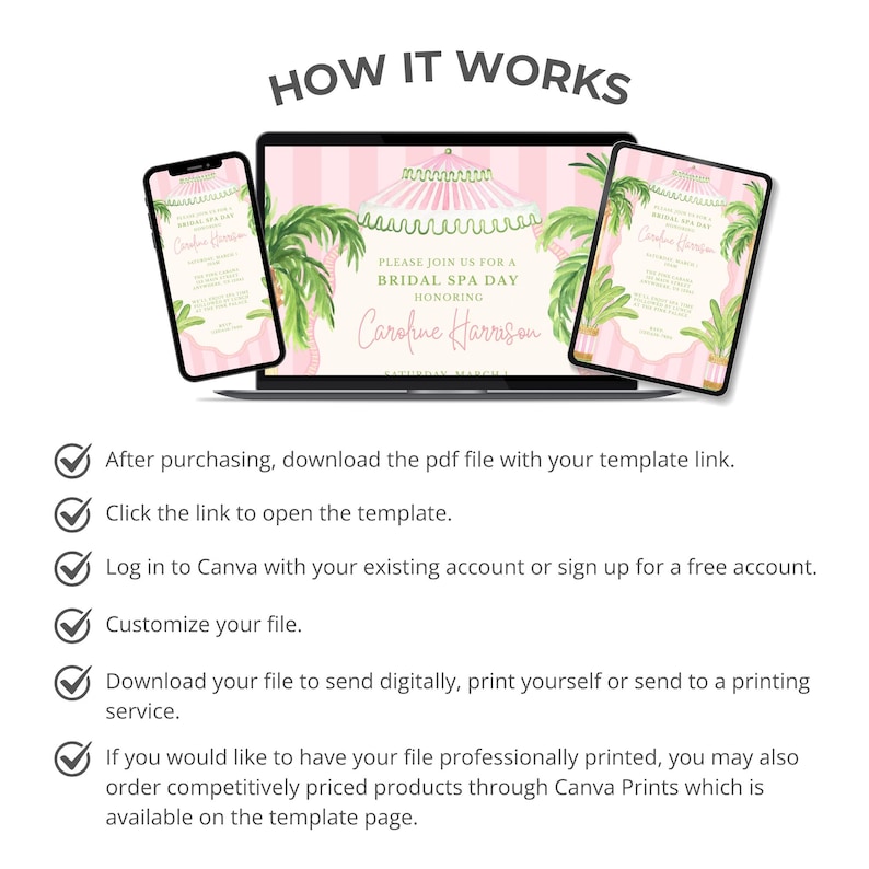 May include: A digital invitation template for a Bridal Spa Day, displayed on a smartphone, laptop, and tablet. The design features a pink and white striped background with palm tree illustrations and the text "Please join us for a Bridal Spa Day Honoring Caroline Harrison."