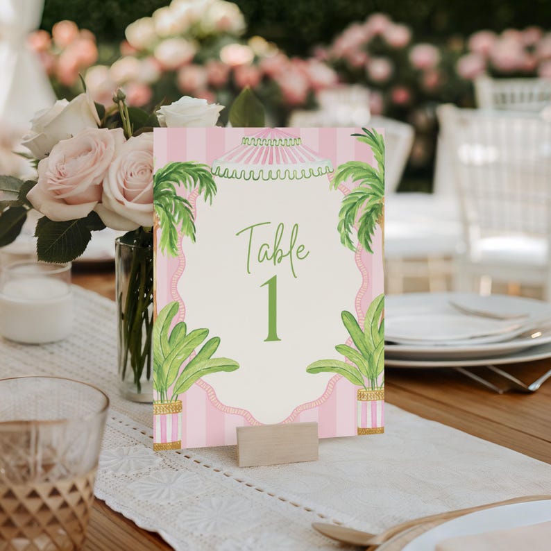 TEMPLATE | Watercolor Bridal Shower / Bachelorette Invitation + Table Cards | Palm Beach Pink Cabana | Digital Download | Canva | PRINTABLE image 3