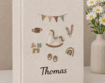 Personalized Hand Embroidered Baby Photo Album with Sleeves, Custom Keepsake Memory Book, Handmade Baby Scrapbook Gift
