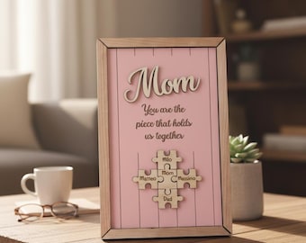 Custom Mom Puzzle Sign, Personalized Mother's Day Gift from Kids, Engraved Wood Family Puzzle, Piece That Holds Us Together Gift for Mom