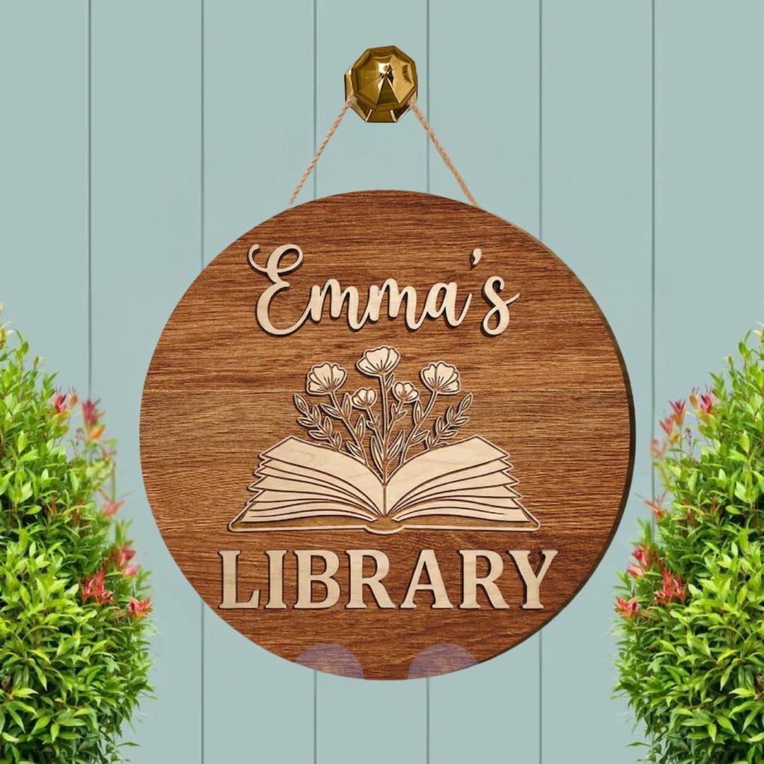Study Table Signs For Library Personalized Wooden Library Sign - Custom Name Floral Book Decor for ...