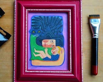 Original Family Painting with Cat, Cozy Nursery Wall Art, Acrylic Artwork