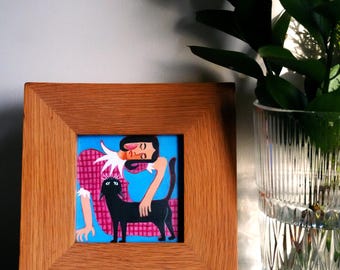 Original Girl and Cat Painting, Cozy Nursery Wall Art, Acrylic Animal Illustration