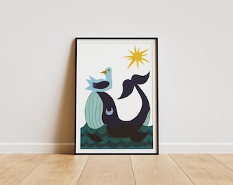 Whale And Seagull/Nursery Decor/ Wall Art/Art Print/Illustration/Graphics (Digital Download)