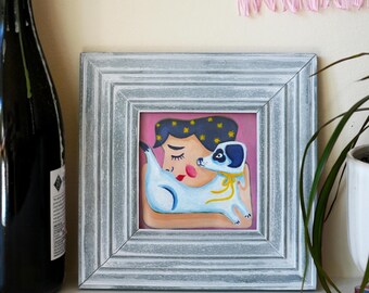 Original Girl and Puppy Painting, Cozy Nursery Art,  Acrylic Animal Illustration