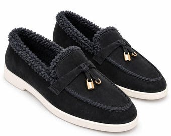 Handmade Black Suede Women's Loafers