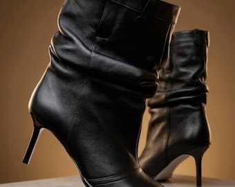 Black Leather Stiletto Boots, Pointed Toe High Heel Boots, Women's Knee High Boots, Y2K Fashion