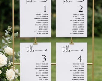 Wedding Seating Chart Template, Table Number Cards with Guest List, Editable Canva, Minimalist Script Seating Plan,Minimalist Reception Sign