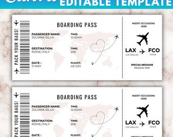 Editable Boarding Pass Template, Canva Editable Boarding Pass Surprise Trip Ticket, Airline Ticket Designs, DIY Boarding Ticket Digital