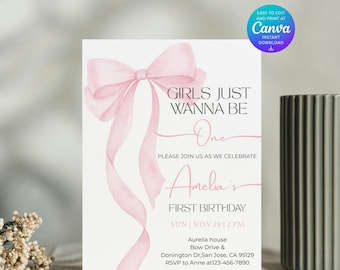 Pink Bow Birthday Invitation, Coquette Birthday Party Invite, Elegant Birthday Template, Girl’s Birthday Evite, Canva Editable Template