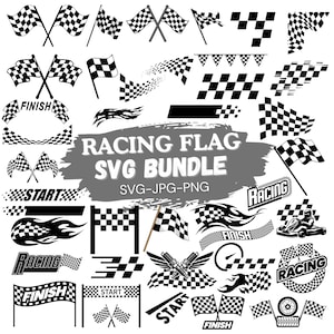 以下が含まれることがあります： さまざまなスタイルの白黒レーシングフラッグのデザインのコレクション。チェッカーフラッグ、フィニッシュラインバナー、レースをテーマにしたグラフィックが含まれています。「RACING FLAG SVG BUNDLE」というテキストも表示されています。