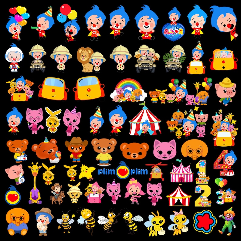 Cute cartoon PNG bundle inspired by kids party themes including animals, balloons and fun elements,perfect for kids png bundle and birthday png files. This kids party clipart set is ideal for creating kids birthday png designs,toddler png design crafts,and personalized items like shirts,stickers and invitations using high resolution cartoon png files,plim plim png,plim plim characters png,cute characters transparent png,girrafe cartoon png,300 dpi png,kids birthday png,kids party png,toddler png