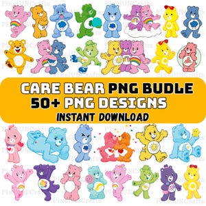Puede incluir: Una colección de diseños PNG de Ositos Cariñositos coloridos. La imagen presenta varios osos de diferentes colores, cada uno con insignias únicas en el vientre. El texto en una pancarta amarilla dice "CARE BEAR PNG BUNDLE 50+ PNG DESIGNS INSTANT DOWNLOAD."
