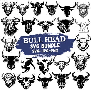 Puede incluir: Una colección de ilustraciones en blanco y negro de cabezas de toro en varios estilos. La imagen incluye una pancarta azul con el texto "BULL HEAD SVG BUNDLE SVG-JPG-PNG". Los toros tienen diferentes formas de cuernos y expresiones faciales.