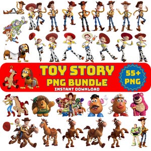 May include: A digital PNG bundle featuring characters from the animated film Toy Story. The collection includes Woody, Buzz Lightyear, Jessie, and other characters. The image also includes the text "Toy Story PNG Bundle" and "55+ PNG".
