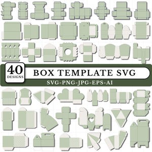 May include: A collection of 40 sage green and white box templates in SVG, PNG, JPG, EPS, and AI formats. The image displays various flat-lay die-cut patterns for folding boxes, featuring diverse shapes, tabs, and cutouts for assembly purposes.