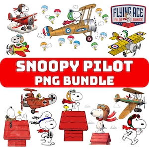 Puede incluir: Un conjunto de ilustraciones digitales de Snoopy como piloto. Las imágenes muestran a Snoopy en diferentes aviones, con paracaídas y en su caseta roja. El texto "SNOOPY PILOT PNG BUNDLE" se muestra en blanco sobre un fondo rojo.