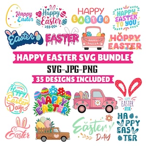 May include: A vibrant collection of Easter-themed SVG designs. The image showcases various text designs, including "Happy Easter," Easter eggs, and bunny ears. The bundle includes 35 designs in SVG, JPG, and PNG formats.