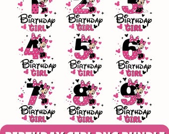 Birthday Girl PNG Bundle, Cartoon Mouse Ages 1-9 (Digital Download)