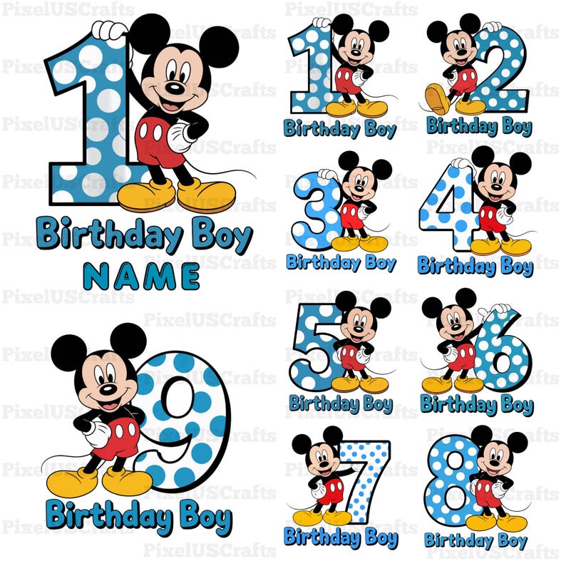 Personalized birthday boy PNG design featuring blue polka dot number with cartoon mouse theme,perfect for birthday boy shirt PNG and kids birthday PNG projects,this custom birthday PNG allows adding name and age for unique party outfit,high resolution transparent background file ideal for sublimation, print and cut, DIY crafts and custom shirt PNG creation for memorable first birthday boy celebration,mickey mouse birthday png,birthday boy shirt png,personalized birthday png,custom birthday shirt