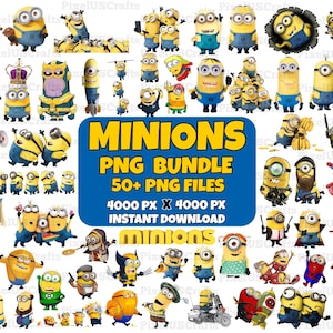 May include: A digital collection of Minions characters in PNG format. The image features a blue rectangle with the text "MINIONS PNG BUNDLE 50+ PNG FILES 4000 PX X 4000 PX INSTANT DOWNLOAD". The Minions are depicted in various outfits and poses.