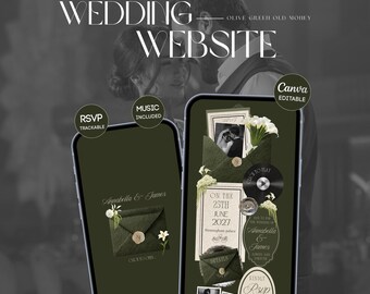 Olive Old Money Floral Wedding Website Template with RSVP, Music, Venue and Countdown Timer: Editable Canva Website (Digital Download)
