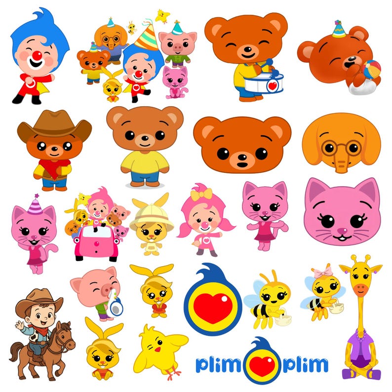 Plim Plim PNG style cartoon bundle with cute kids characters and fun party elements, ideal for kids birthday png and kids party clipart projects. This kids png bundle includes colorful cartoon png files for shirts, stickers, invitations and DIY crafts using toddler png design themes,plim plim png,plim plim characters png,cute characters transparent png,girrafe cartoon png,300 dpi png,kids birthday png,kids party png,toddler png,cute birthday graphics png,high resolution png,kids birthday png