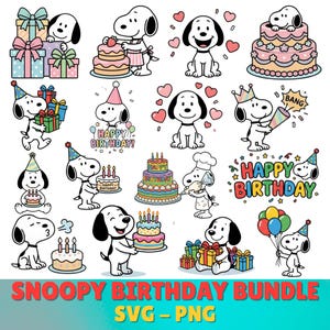 May include: A collection of Snoopy-themed birthday graphics. The images feature Snoopy with birthday cakes, gifts, balloons, and party hats. Text includes "Happy Birthday" and "Snoopy Birthday Bundle SVG - PNG".