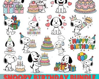 Snoopy-inspired Birthday SVG PNG Bundle, Cartoon Dog Party Clipart (Digital Download)
