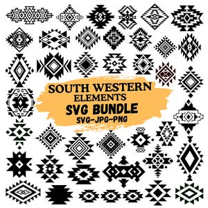 Könnte beinhalten: Eine Sammlung geometrischer Designelemente im schwarz-weißen Südweststil. Das Bild zeigt verschiedene Formen und Muster mit dem Text "SOUTH WESTERN ELEMENTS SVG BUNDLE SVG-JPG-PNG" auf gelbem Hintergrund.