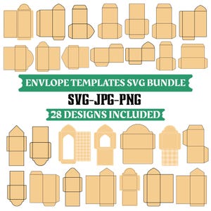 May include: A collection of 28 envelope templates in various designs, displayed in a grid layout. The templates are in a light brown color, with visible cut lines. Text in the image reads "ENVELOPE TEMPLATES SVG BUNDLE", "SVG-JPG-PNG", and "28 DESIGNS INCLUDED".