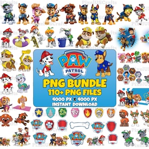 Könnte beinhalten: Eine Sammlung farbenfroher Paw Patrol PNG-Dateien. Das Bild zeigt verschiedene Charaktere, Logos und Abzeichen aus der Zeichentrickserie. Der Text auf dem Bild lautet "PNG BUNDLE 110+ PNG FILES 4000 PX X 4000 PX INSTANT DOWNLOAD".