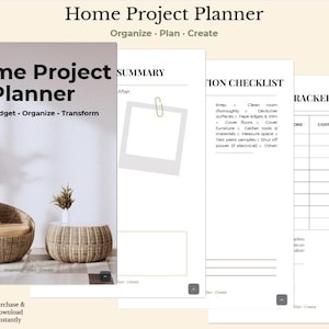 May include: A digital Home Project Planner with the text "Home Project Planner" and "Plan, Budget, Organize, Transform." The image includes a summary page, a checklist, and a tracker. The image also shows a woven chair and table.