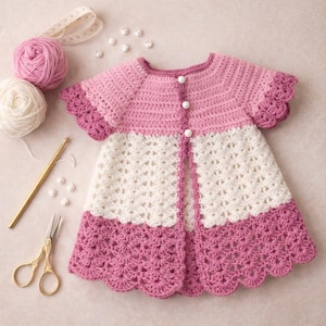 May include: A handmade crochet baby dress in shades of pink and white. The dress features a scalloped hem and sleeves, with three white buttons down the front. A ball of pink yarn, white yarn, a crochet hook, scissors, and a measuring tape are also visible.