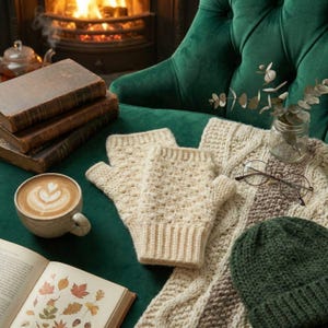 May include: A cozy scene featuring a cup of latte art, open book, and stack of old books. Cream-colored fingerless gloves and a green beanie sit on a green surface with a cable-knit scarf and glasses. A fireplace glows in the background.