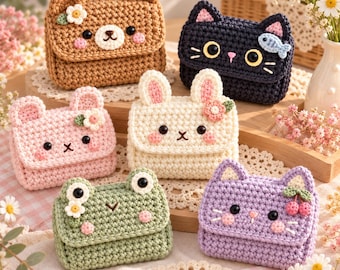 Op de afbeelding: Zes kleine, handgemaakte gehaakte tasjes in de vorm van dieren. De collectie bevat een bruine beer, een zwarte kat met een vis, een roze beer, een wit konijn, een groene kikker en een paarse kat met kersen, allemaal voorzien van geborduurde gezichtjes.