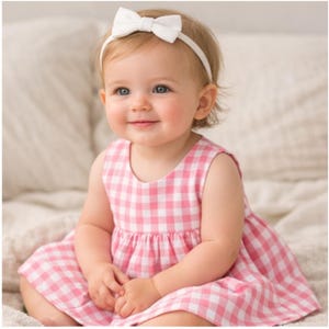 Peut inclure: Un bébé souriant portant un bandeau blanc avec un nœud. Le bébé porte une robe à carreaux roses et blancs. Le bébé est assis sur une couverture blanche.