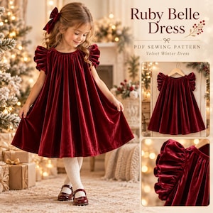 May include: A deep red velvet dress with ruffled sleeves and a round neckline. The text Ruby Belle Dress PDF SEWING PATTERN Velvet Winter Dress is visible. The dress is shown on a hanger and in a close-up view of the ruffled sleeve detail.