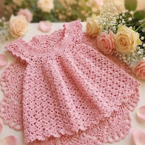 May include: A handmade, light pink crochet dress with a scalloped neckline and hem. The dress is made of a delicate, open-weave pattern. The dress is displayed on a matching crochet doily, with soft pink roses and greenery in the background.