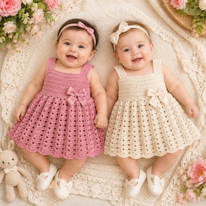 Può includere: Due bambini sorridenti con abiti all'uncinetto abbinati. Uno è rosa, l'altro color crema, entrambi con fiocchi. Indossano fasce e scarpe bianche abbinate. Un coniglietto di peluche e fiori sullo sfondo.