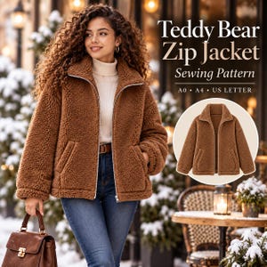 May include: A brown teddy bear zip jacket sewing pattern with text reading Teddy Bear Zip Jacket Sewing Pattern A0 A4 US LETTER. The image shows a brown fleece jacket with a high collar, long sleeves, and two front pockets.