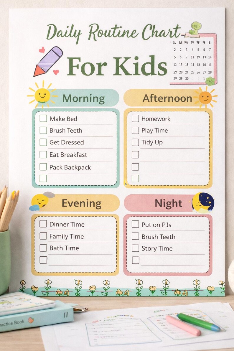 Daily Routine Chart for Kids Printable Daily Schedule Morning Bedtime ...